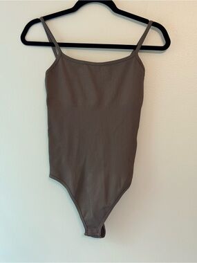 Ribbed Slim-Strap Bodysuit in Taupe